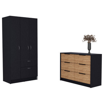 Crete 2-Piece Bedroom Set, Armoire and Dresser, Black/Pine