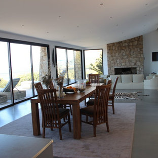 コルシカの中サイズのビーチスタイルのLDKの画像 (白い壁、コンクリートの床、標準型暖炉、石材の暖炉まわり)