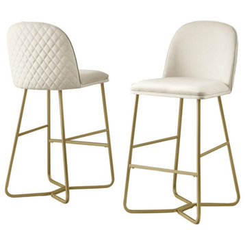 Quilted Back Barstools 29" Set of 2 in Cream Velvet and Gold Base
