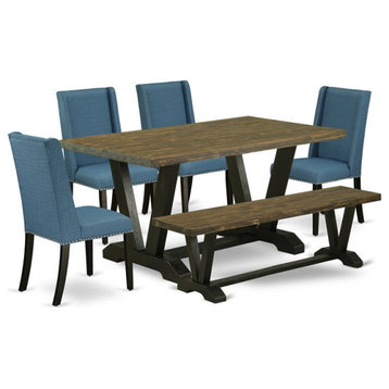 East West Furniture V-Style 6-piece Wood Dining Room Table Set in Black