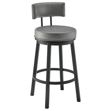 Dalza Swivel Counter or Bar Stool in Black Finish and Grey Faux Leather