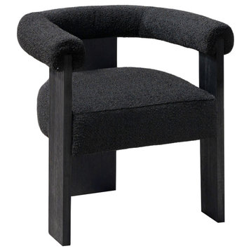 Barrel Boucle Fabric Upholstered Dining Chair, Black, Black Finish