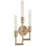 Hudson Valley Lighting - Angler 3-Light Wall Sconce, Aged Brass Finish - Using a candlestick from the fifties as an inspiration, we designed our Angler family around the idea of staggering Bulbs (Not Included) at different heights on off-centered tubular arms bent at sharp ninety-degree angles. The resulting work is minimalist and sophisticated. Two-tone versions contrast the candelabra with a cage of smoothly rounded black metal lines.