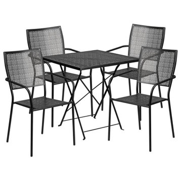 28'' Square Black Indoor-Outdoor Steel Patio Table Set, 4 Square Back Chairs