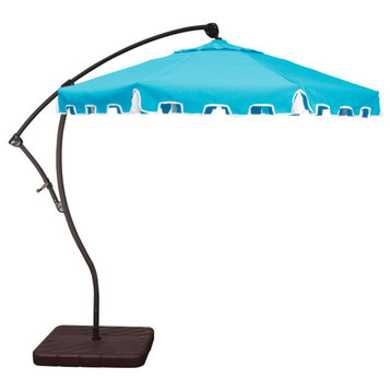 9' Greek Key Cantilever Patio Umbrella With 360 Tilt and Tassels, Aruba