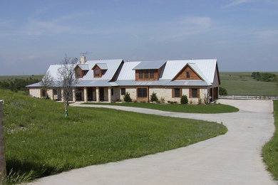 Mountain style white one-story mixed siding exterior home photo in Dallas