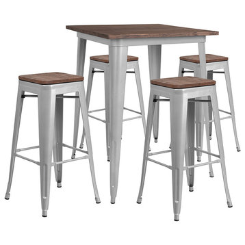 31.5" Square Silver Metal Bar Table Set with Wood Top and 4 Backless Stools