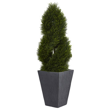 4' Cypress Double Spiral Topiary Artificial Tree, Slate Planter, Indoor/Outdoor