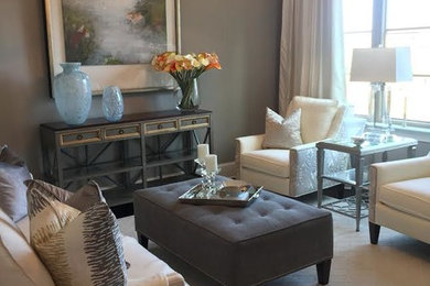 Living room - mid-sized contemporary open concept dark wood floor and brown floor living room idea in Charlotte with gray walls and no fireplace