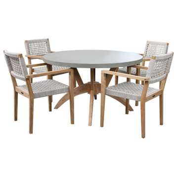 4 Person Round Teak and Composite Dining Table With Stacking Rope Chairs