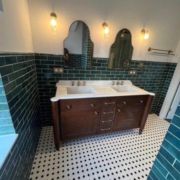 Custom Carrara White Marble Double Vanity with Walnut Cabinet