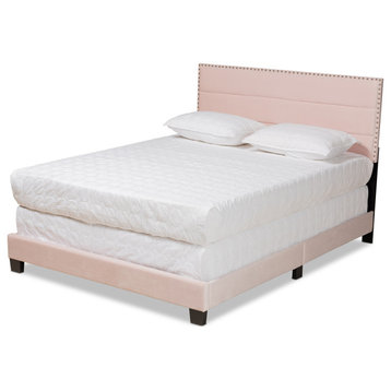 Tamira Modern Glam Light Pink Velvet Upholstered Queen Size Panel Bed