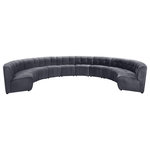 Meridian Furniture - Limitless Velvet Upholstered 10-Piece Modular Sectional, Gray - Invest in your home's comfort with this Limitless 10 Piece Sectional. This modular unit offers tons of flexibility in the number of ways that you can put each piece in the Limitless collection together to get the ideal customized look. Upholstered in grey velvet, this beautiful piece is soft and cool to the touch, so you can feel comfortable from every angle. Button and channel tufting add to this unit's upscale look and contemporary charm.