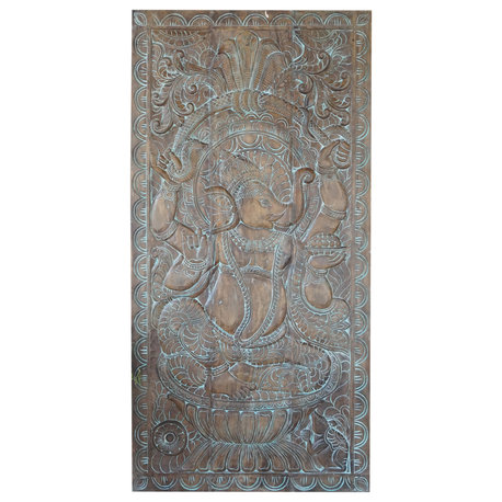 Consigned Vintage Ganesha Wall Sculpture Art Carved Wood Barn Door 72