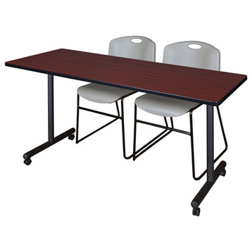 60" x 24" Kobe Mobile Training Table- Mahogany & 2 Zeng Stack Chairs- Grey