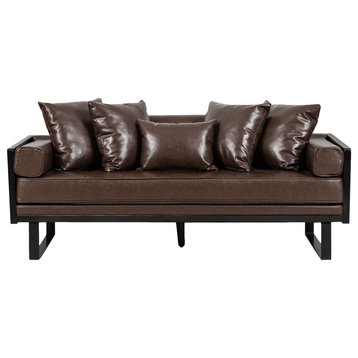 Manbow Faux Leather Upholstered Oversized Loveseat with Accent Pillows, Dark Brown + Black