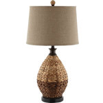 Elk Home - Weston Resin Table  Lamp wrapped in rattan - This traditional rattan lamp feels  updated with a modern shape and contrasting bands of color.  A slightly tapered drum shade in beige linen completes the look.