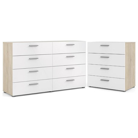 2PC Set with 1 Double Dresser and 1 Chest in Oak and White Gloss