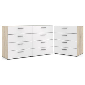 2PC Set with 1 Double Dresser and 1 Chest in Oak and White Gloss