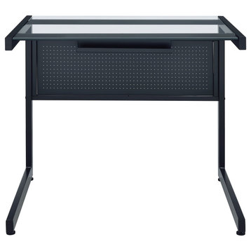 Caesar 34x28" Desk, Black With Clear Tempered Glass Top