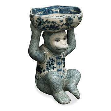 Blue and White Porcelain Monkey Holding Lotus Dish, Blue/White