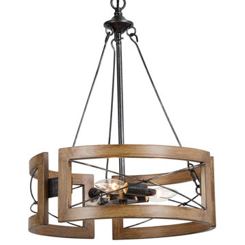 LNC 3 - Light Farmhouse Brown Metal Drum With Wood Accents Chandelier