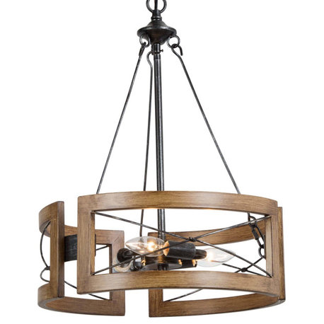 LNC 3-Light Brown Farmhouse Drum Chandelier, Wood Accents