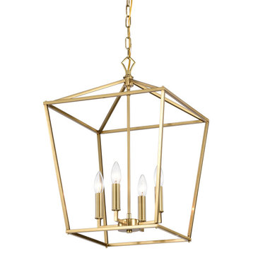 4-Light 16 in. Gold Caged Lantern Modern Pendant