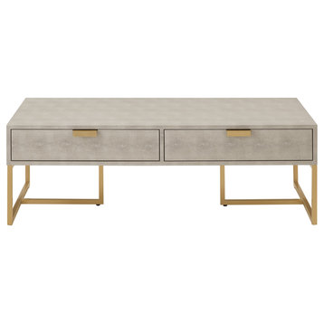 Nicole Miller Chayton Coffee Table Faux Shagreen 46.3Lx22Wx15.7H, Off White/Gold