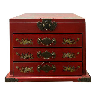 Chinese Oriental Red Flower Birds Mirror Rectangular Jewelry Box ...