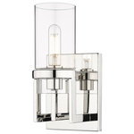 Innovations Lighting - Utopia 1 Light 8" Wall-mounted Sconce, Polished Nickel, Clear Glass - Modern and geometric design elements give the Utopia Collection a striking presence. This gorgeous fixture features a sharply squared off frame, softened by a round glass holder that secures a cylindrical glass shade.