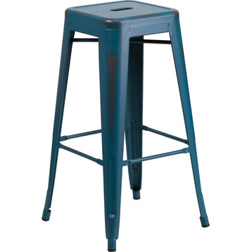 Backless Distressed Metal Indoor/Outdoor Stool, Kelly Blue, Bar Height