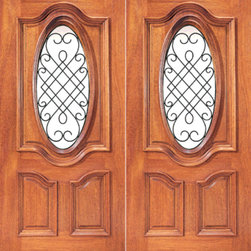 Prehung Mahogany Insulated Oval Lite Exterior Double Door Ironwork - Front Doors