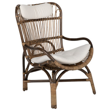 Rattan Loop Lounge Chair With Seat and Head Cushion, Antique Brown