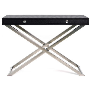 Black Ostrich Leather Console Table With Stainless Steel Legs