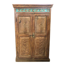Consigned Antique Farmhouse Armoire Artistic Carved Cabinet Rustic Accent