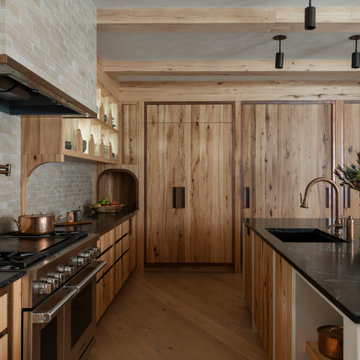 Antique Elm Box Beams and Cabinetry in Wabi-Sabi Lakeside Kitchen