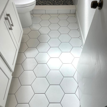 BATHROOM - Complete Remodel Tub-to-Shower White Cabinets, White Hex Floor