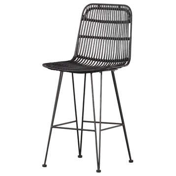 Set of 2 Counter Stool, Metal Legs With Curved Rattan Seat, Black/Armless