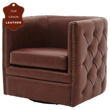 Leslie Swivel Tufted Accent Arm Chair, Garrett Brown, Top Grain Leather