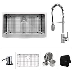 Contemporary Kitchen Sinks 36" Farmhouse Stainless Steel Kitchen Sink, Pull-Down Faucet CH, Dispenser