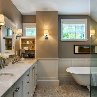 Example of a small classic 3/4 gray tile and mosaic tile mosaic tile floor bathroom design in Los Angeles with flat-panel cabinets, gray cabinets, beige walls and marble countertops
