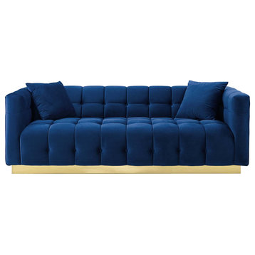 Modern Designer Lounge Lobby Sofa, Velvet Fabric Metal Steel, Navy Blue