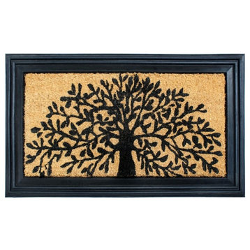 Natural Black Moulded Tree Design Rubber Coir Doormat, 18"x30"