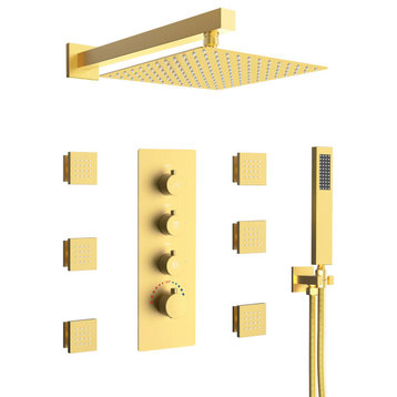 Thermostatic Shower System 12" Rain Shower Head with Rough-in Valve & Body Jets, Brushed Gold