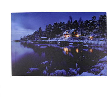 Battery Operated 3 LED Rustic Lodge Winter Scene Canvas Wall Hanging, 23.75"