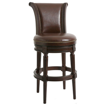 25" Walnut And Dark Brown Solid Wood Swivel Bar Height Bar Chair With Footrest