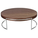 Pangea Home - Pangea Home Riso Modern Wood Veneer & High Polished Steel Coffee Table in Walnut - Round coffee table with uniquely placed high polished steel legs.