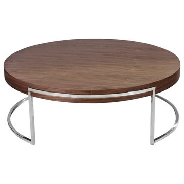 Pangea Home Riso Modern Wood Veneer & High Polished Steel Coffee Table in Walnut