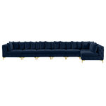 Meridian Furniture - Tremblay Modular Sectional, Navy, L-Shaped, 7-Piece: Armless (5), Corner (2) - Lean back and relax on this Tremblay sectional. Featuring soft navy velvet upholstery with deep button tufting, this sectional adds a bold touch to any living space. A complete set of gold and chrome legs are included, so you can change it up to suit your home decor. This sectional is modular, so you can create infinite configurations with it, which are easily attached using the latch underneath the frame. Its contemporary design is perfect for the modern home.